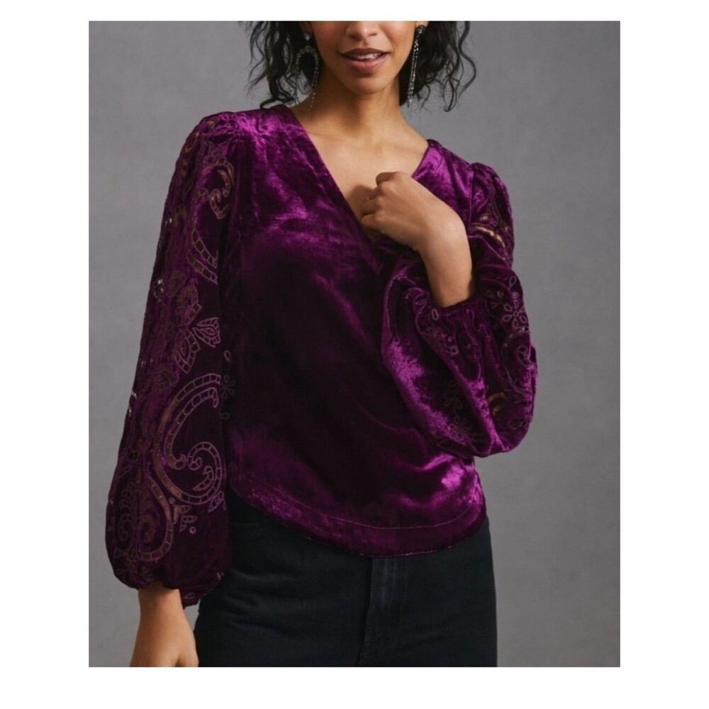 purple Anthropologie Velvet Cutwork Top with long sleeves XS